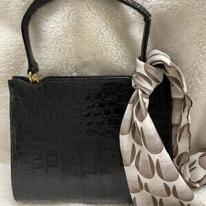 Vintage Lesco Black Leather Crocodile Textured Mid Century Modern Handbag